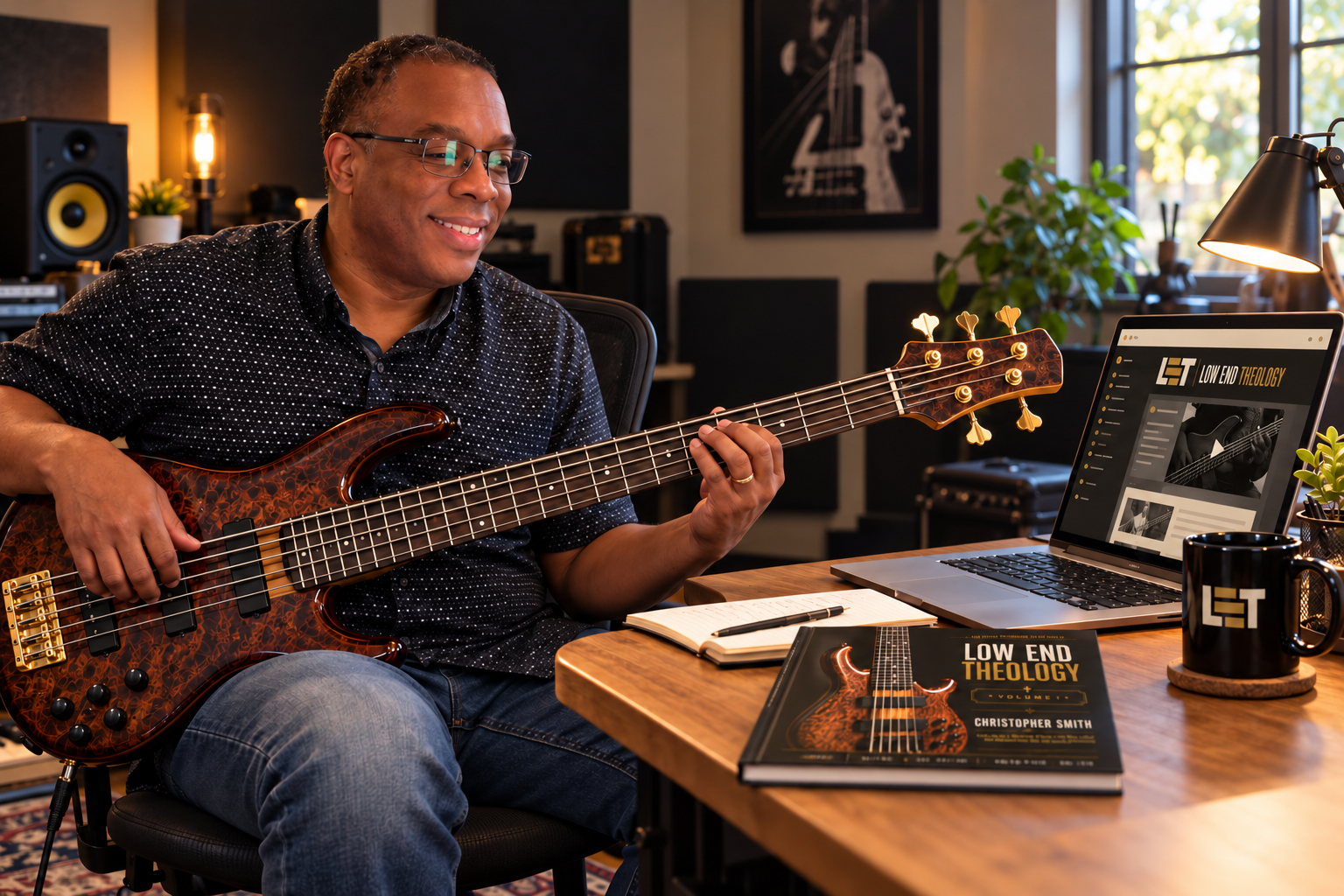 AI-created studio scene featuring Christopher Smith with a bass, Low End Theology book, LET mug, and branded laptop.